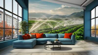 An irrigation system, sprinkles for watering a farm plantation field and growing vegetables, spraying green plants. Agronomy agricultural business, organic food production. Rural farmland in nature Wall mural