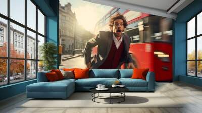 Businessman in suit running to catch a bus. Late for work Concept. Wall mural