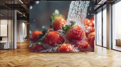 Close-up water washing fresh ripe red strawberries in a kitchen sink. Summer fruit, sweet desserts, natural organic food harvest, vegetarian recipes, vitamin nutrition, healthy delicious juicy snack Wall mural