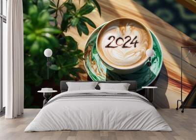 Happy New Year goal. Number 2024 on frothy surface of cappuccino coffee in cup. Resolutions Concept. Copy Space. Wall mural