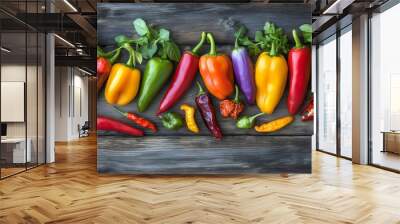 Healthy organic vegetables on wooden table, colorful arrangement of fresh paprika, natural ingredients for vegetarian and culinary meals, top view of seasonal and raw farm food, cooking and diet Wall mural