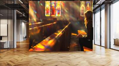 Woman sitting in church praise to God in prayer, sunlight shining through stained glass, Christian faith and worship, spiritual connection, Jesus Christ crucifixion and resurrection. sin forgiveness Wall mural