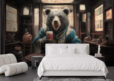 a bear in a robe drinks tea, tea ceremony Wall mural