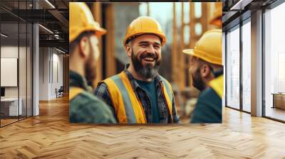 Smiling construction workers taking a break at the construction site, enjoying a moment of rest amidst their hard work, sitting together in a relaxed atmosphere. Wall mural