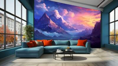 Colorful sky cloud and mountain fantasy backdrop with realistic illustration and digital painting of a scenery. Generative AI Wall mural