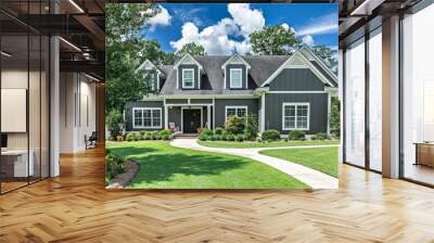 A large gray craftsman new construction house with a landscaped yard and leading pathway sidewalk Wall mural