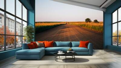 a long country highway road in rural North Dakota with a bright blue sky with clouds in the horizon Wall mural