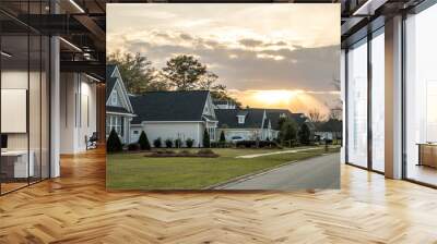 A street view of a new construction neighborhood with larger landscaped homes and houses with yards and sidewalks taken near sunset with copy space Wall mural