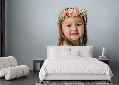 adorable preschool age little girl with flower crown and sequined dress and lots of copy space Wall mural