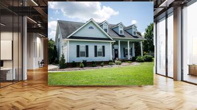 Blue Traditional Siding House Home in Suburbs Front Facing with Curb Appeal Wall mural