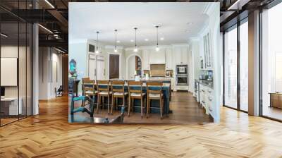 Custom cream kitchen with pendant light and double island with barstool seating Wall mural