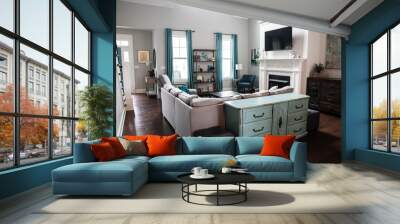 Modern Colorful Teal Gray Living Room Interior Home Wall mural