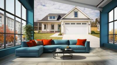 Modern new Construction White Siding Cottage House for Sale in Suburbs with Turquoise Door Wall mural