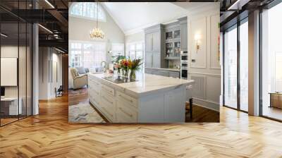 Open Concept Elegant and Spacious Kitchen with Marble Countertops, Chandelier, and Two Toned Cabinets Wall mural