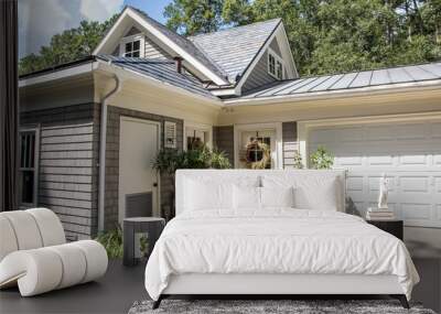 outside of a gray pool house with plants and two entrances Wall mural