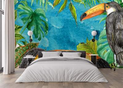 raster cute modern collage made with watercolor tropical plants, pencil-drawn toucans and a paint splash as background. Wall mural