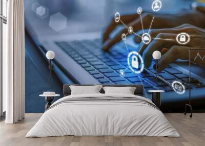 Business, technology, internet and networking concept. Young businesswoman working on his laptop in the office, select the icon security on the virtual display.Blue tone concept Wall mural