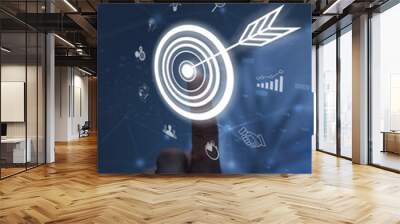 Concept of business strategy and future sustainable business finance action plan. Hand holding target board for creative and set up business objective target and success and business goals, vertical Wall mural