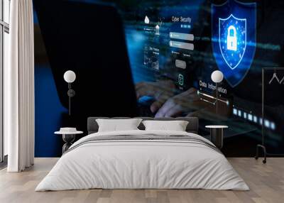 Young businesswoman is using laptop for cyber security protection.cyber security concept, user privacy security and encryption, secure internet access Future technology and cybernetics, screen padlock Wall mural