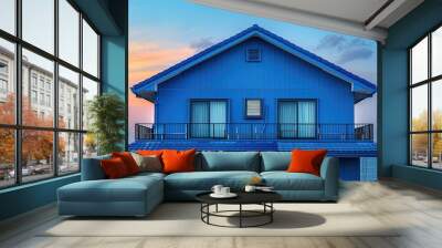 : A blue house with a blue roof and a sky background  Wall mural