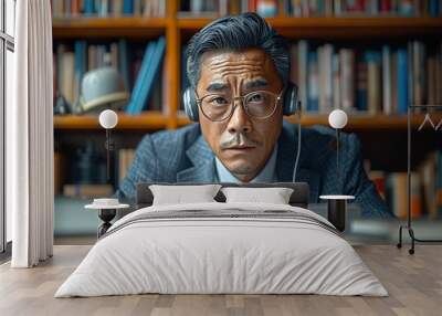 a young content creator asian entrepreneur working from home with headphones Wall mural