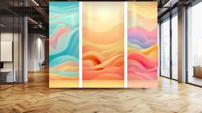 Set of colorful summer backgrounds with plastic stage and abstract wave landscape. Wall mural