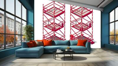 Three level of red isometric scaffolding frame with jack base and plate construction vector illustration.  Wall mural