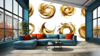 Golden swirl liquid shapes isolated on transparent background Wall mural