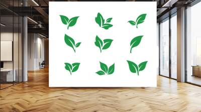 Green leaves flat bio organic eco leaf icon set of collection  Wall mural