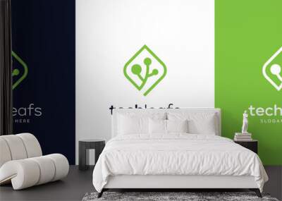 Leaf design  inspiration with connection tech lines vector logo template  Wall mural