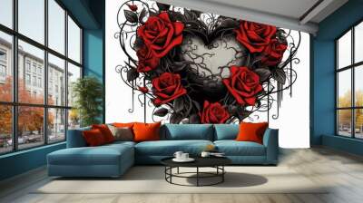 gothic vector art black heart with red roses dark vibe on white background Wall mural