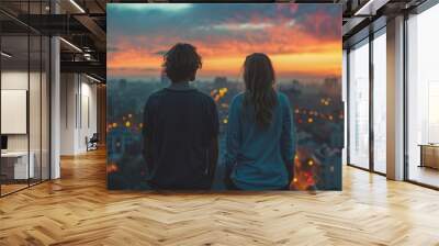 couple on balcony looking at city at night Wall mural