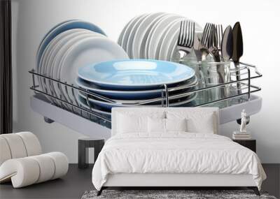 A Pristine Collection of Dishes and Utensils Drying on a White Dish Rack on a White or Clear Surface PNG Transparent Background Wall mural