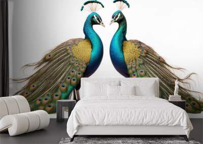 A Regal Dance of Two Peacocks in a Moment of Quiet Elegance on a White or Clear Surface PNG Transparent Background. Wall mural