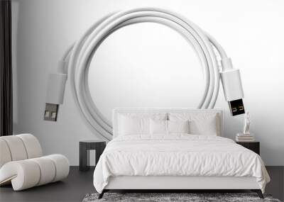 A white USB cable is visibly connected to an Phone. The cable appears to be charging the phone or facilitating data transfer between the two devices. The connection is secure and functional. Wall mural