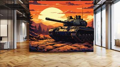 An illustration of an Army tank in combat. A scene from a battleground including a military machine tank. A combat tank. Battle-tank. army tank in the military. Armament Car. War machine. Tank. 
 Wall mural