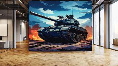 An illustration of an Army tank in combat. A scene from a battleground including a military machine tank. A combat tank. Battle-tank. army tank in the military. Armament Car. War machine. Tank. 
 Wall mural