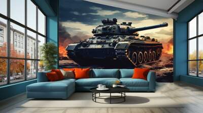 An illustration of an Army tank in combat. A scene from a battleground including a military machine tank. A combat tank. Battle-tank. army tank in the military. Armament Car. War machine. Tank. 
 Wall mural