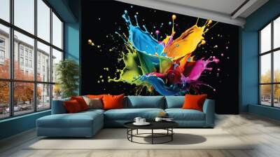 Background with splashes of color paint. vibrant splash of paint. Design element isolated on a black background. Paint splattering in many colors. vibrant splash of paint. Paint splashes background.   Wall mural