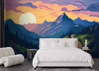 Beautiful Mountains Landscape with sunset view. Vector background. Road through mountains. Sunset in beautiful countryside with mountain and road. Wall mural