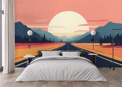 Beautiful sunrise on the highway, flat vector illustration. Highway landscape with beautiful sunset. Highway vector background.  Wall mural