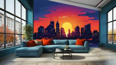 City Skyline at Sunset Illustration. City landscape. city buildings skyline modern architecture sunset cityscape background design. vector illustration. Wall mural