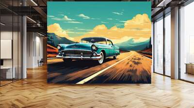 Classic vintage car on highway illustration. Beautiful retro car driving along the highway. Summer road trip adventure, vintage car driving along a scenic coastal highway. Beautiful Vintage car. Wall mural