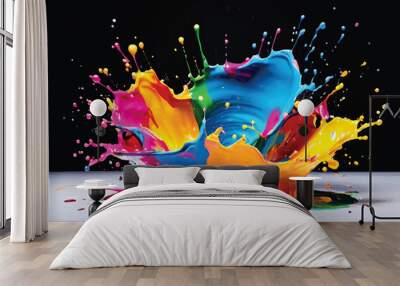 Colorful Paint splashes background. Colorful paint splash. Isolated design element on black background. Splashing of the color paint. Colorful paint splash. Colorful paint splashing. Wall mural