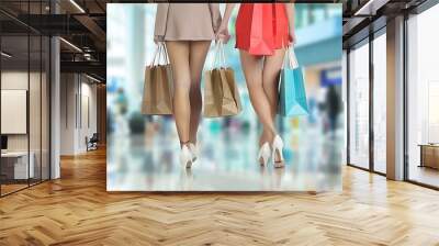 Couple's legs with shopping bags in a mall, blurred background, neutral colors, copy space on top, fashion concept. Wall mural