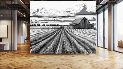 Farm landscape. Farm on the field retro sketch hand drawn. Rural area. Farm sketch. Farm Drawing. Vector illustration. Wall mural