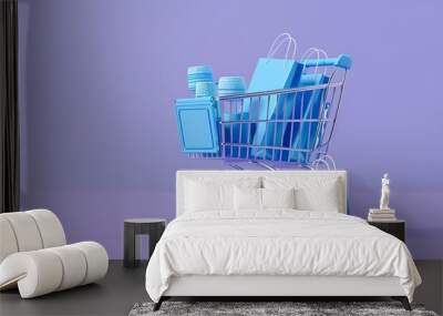 Full shopping cart with blue products on a purple background, perfect for e-commerce website or sale banners, 3D rendered. Wall mural