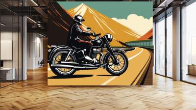 Illustration of touring man riding a motorbike on a highway. landscape with a motorcycle rider. Beautiful vintage classic Motor bike on highway. Vintage classic motorbike on highway illustration.  Wall mural