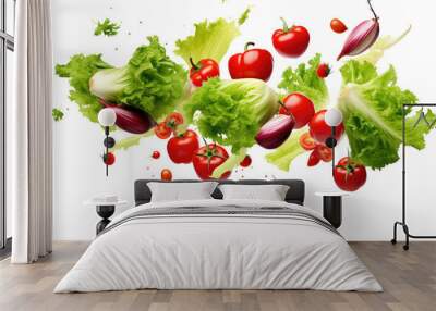 Lettuce, tomatoes, and assorted vegetables gracefully falling through the air. on a White or Clear Surface PNG Transparent Background. Wall mural