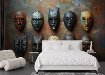 masks on wooden background Wall mural